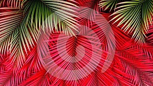 AI-generated seamless background featuring overlapping red and green palm leaves viewed from the top.