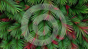 AI-generated seamless background featuring overlapping red and green palm leaves viewed from the top.