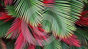 AI-generated seamless background featuring overlapping red and green palm leaves viewed from the top.