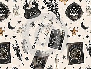 Mystical and witchcraft elements seamless pattern