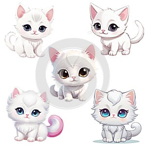 Ai generated. Set of illustrations, clip-art, cartoons, white Persian kittens
