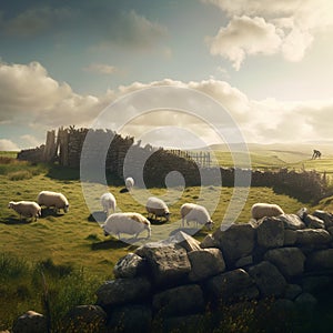 Feliz rebano de oveja en pastar piedra muro en primer plano 