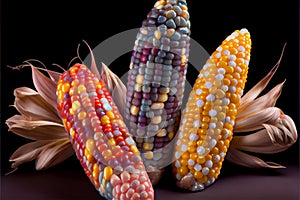 AI generated shimmering rainbow-hued kernels of the beautiful, colorful gem glass cobs of corn were a sight to behold.