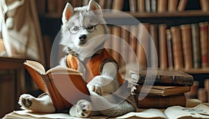 AI generated a Siberian Husky with glasses in a library holding an antique book