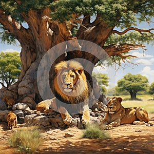 the sight of a pride of lions resting under the shade of a majestic baobab tree by AI generated
