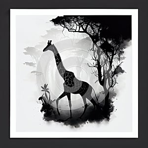 Silhouette of Giraffe in Misty Forest, Made with Generative AI
