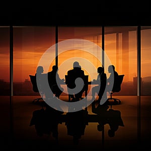AI-Generated Silhouette of People Around a Conference Table at Sunset
