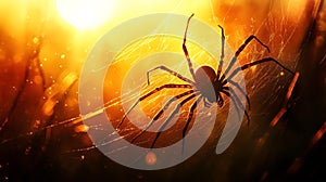 Silhouette of a spider on web during sunset