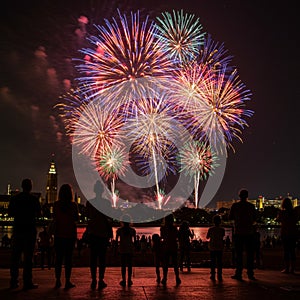 AI Generated Silhouetted Crowd Watching Fireworks in the Night Sky