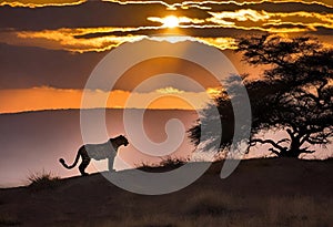 AI generated silhouetted image of a leopard alongwith a tree with sun setting in the backdrop