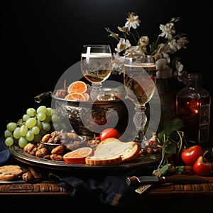 AI generated silver platter with a selection of delectable snacks and bottles of red and white wine