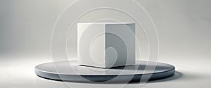 Simple cube resting on a circular stone platform. photo