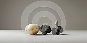 Simple image featuring a potato and a black truffle. photo