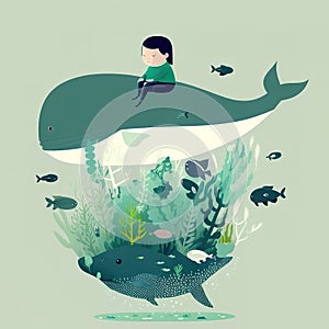 Children book illustration in falt vectorial style of a small child riding a whale in the bottom of the ocean photo