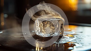 A single ice cube sits on a reflective surface, melting and creating a small pool of water