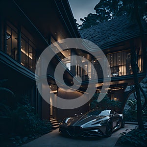 Ai generated a sleek black sports car parked in front of a modern house