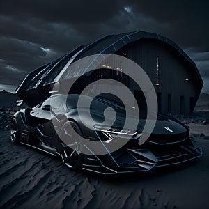Ai generated a sleek black sports car parked in front of a rustic barn