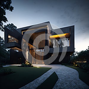 Ai generated sleek modern house with a beautiful walkway leading up to it