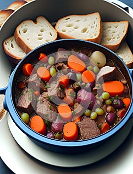 AI-Generated: Slow-Cooked Beef Stew with Carrots, Parsley, Olives, Potatoes, and Crusty Bread