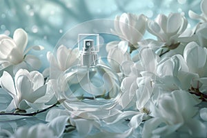 Explore the fresh, floral elegance of bespoke designer perfume displayed on a chic shelf photo