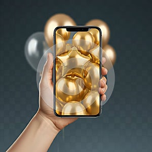 AI-Generated Smartphone Displaying Many Gold Balloons, Including a Star-Shaped Balloon