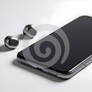AI-Generated Smartphone and Two Wireless Earbuds on a White Surface