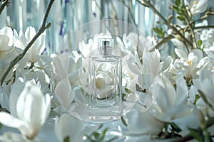 Discover the fresh, floral scent of bespoke designer perfume with chic elegance displayed on a cologne shelf photo