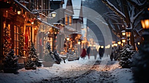 AI generated. A snow-covered path against the backdrop of a blurry, atmospheric, festively decorated Christmas town.