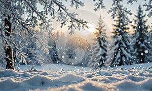 A snowy scene with trees and a sun in the background.