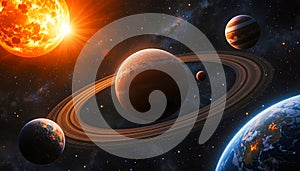 Ringed Planet System Illuminated By A Bright Sun And Multiple Celestial Bodies