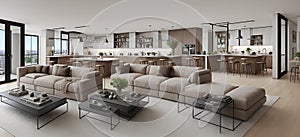 Ai generated a spacious open-concept living room and kitchen with modern decor