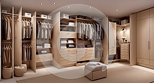 Ai generated a spacious and organized walk-in closet with ample storage for clothing and accessories