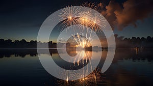 AI generated Spectacular fireworks exploding over a calm lake at dusk, with their vibrant reflections mirrored in the water.