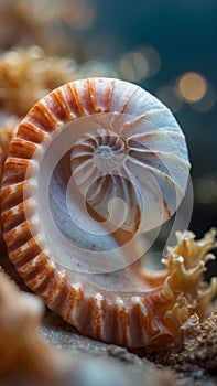 split nautilus seashell showing inner float chambers.