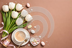 Spring Coffee Flat Lay With White Tulips And Pastel Easter Candy Accents