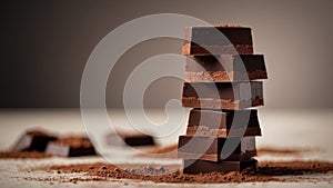 Stack of dark chocolate pieces with cocoa powder.