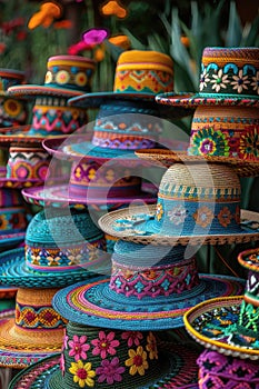 Stoh z vzorkovaný mexičan sombrera na trh 