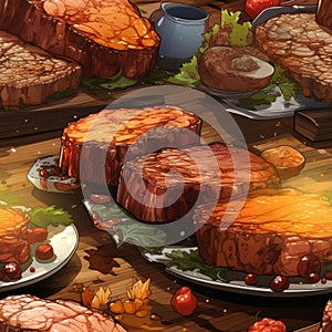 steak meat super detailed design. the style of comic book art and vexel art seamless pattern by AI generated photo