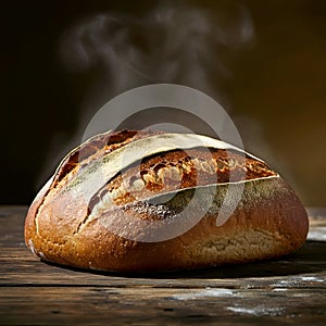 AI Generated: Steaming Rustic Bread on Wooden Surface