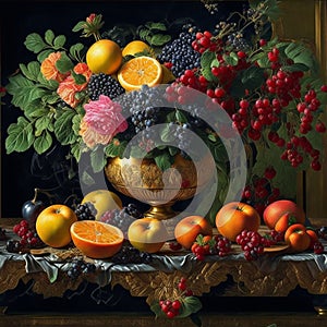 AI generated still life painting with fresh fruit arranged on a table