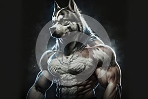 ai generated stock image of a husky with strong muscle torso, generative ai wallpaper of a dog bodybuilder