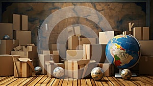 AI-Generated Stock Photo: Cardboard Boxes and Earth Globe in Perfect Harmony