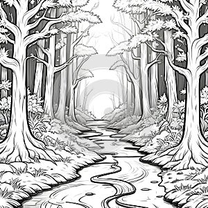 a stream runs through a halloween spooky forest with trees and a stream