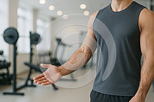 Muscular athlete inviting to gym in fitness photo