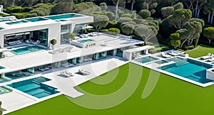 Ai generated stunning house with a luxurious swimming pool captured from an aerial perspective