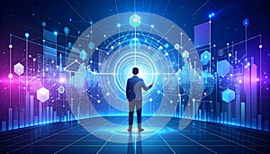 AI generated conceptual data scientist interacting with futuristic network