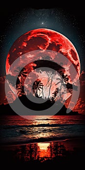 Ai generated stunning red full moon rising over a tropical ocean landscape with silhouetted palm trees