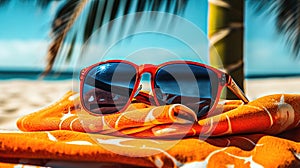 AI Generated Sun-Kissed Essentials Still Life with Sunglasses, Sunscreen, and Beach Towel