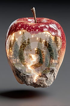 Red apple sliced to reveal illuminated forest path inside photo