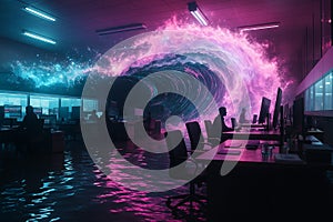 AI generated surreal digital artwork shows a massive glowing data wave crashing into a modern office symbolizing innovation